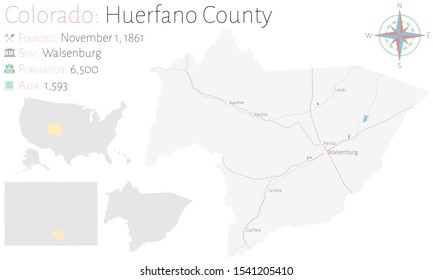 Large and detailed map of Huerfano county in Colorado, USA.