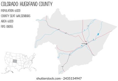 Large and detailed map of Huerfano County in Colorado, USA.