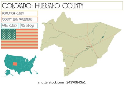 Large and detailed map of Huerfano County in Colorado USA.