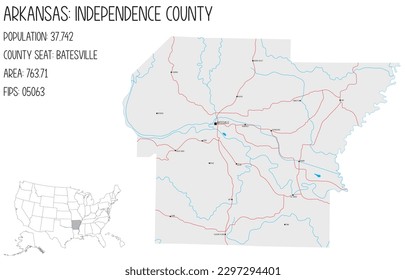 Large and detailed map of Independence County in Arkansas, USA.
