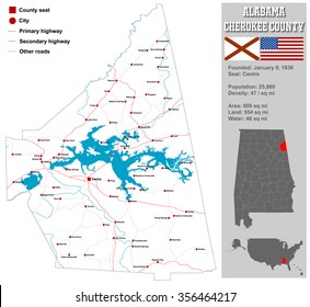 Large and detailed map and infos about Cherokee County in Alabama.