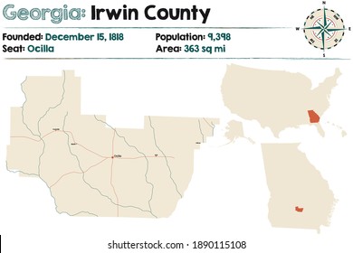 Large and detailed map of Irwin county in Georgia, USA.