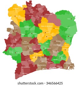 A large and detailed map of Ivory Coast with all provinces, regions and main cities.