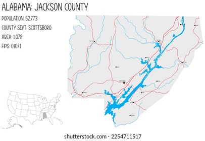 Large and detailed map of Jackson county in Alabama, USA.