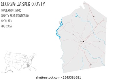 Large and detailed map of Jasper County in Georgia, USA.