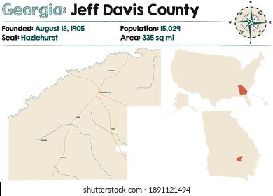 Large and detailed map of Jeff Davis county in Georgia, USA.