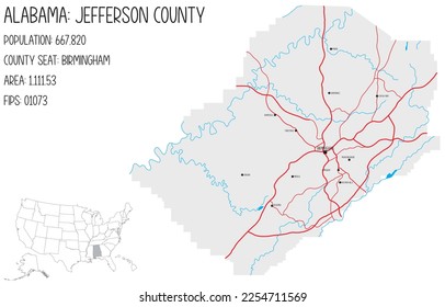 Large and detailed map of Jefferson county in Alabama, USA.