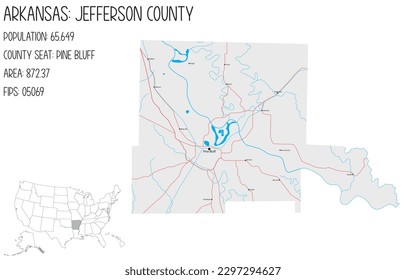 Large and detailed map of Jefferson County in Arkansas, USA.