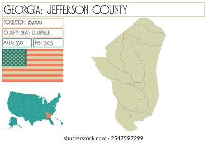 Large and detailed map of Jefferson County in Georgia USA.