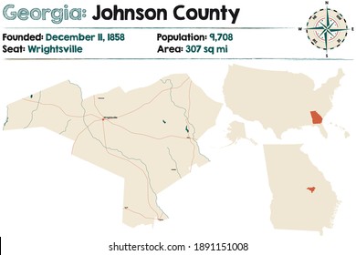 Large and detailed map of Johnson county in Georgia, USA.