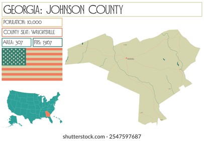 Large and detailed map of Johnson County in Georgia USA.