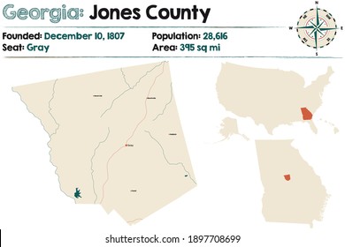 Large and detailed map of Jones county in Georgia, USA.