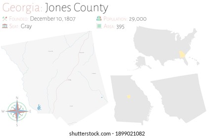 Large and detailed map of Jones county in Georgia, USA.