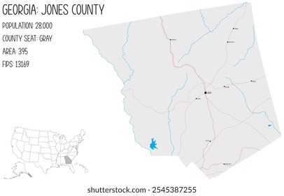 Large and detailed map of Jones County in Georgia, USA.