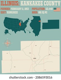 Large and detailed map of Kankakee county in Illinois, USA.