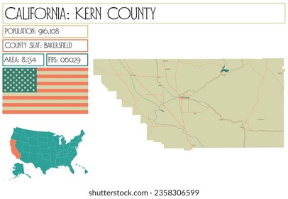 Large and detailed map of Kern County in California, USA.