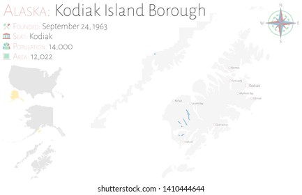 Large and detailed map of Kodiak Island Borough in Alaska, USA.