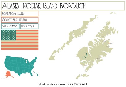 Large and detailed map of Kodiak Island Borough in Alaska, USA.