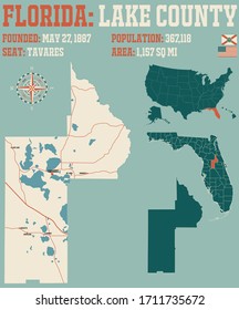 Large and detailed map of Lake county in Florida, USA.