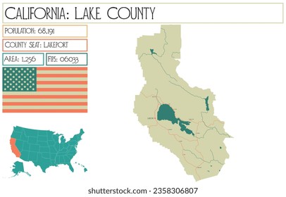 Large and detailed map of Lake County in California, USA.