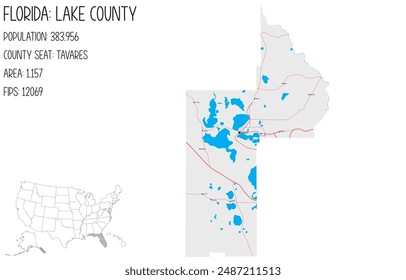 Large and detailed map of Lake County in Florida, USA.