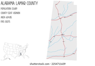 Mapa grande y detallado del condado de Lamar en Alabama, EEUU.
