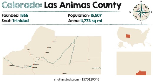 Large and detailed map of Las Animas county in Colorado, USA.