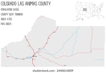 Large and detailed map of Las Animas County in Colorado, USA.