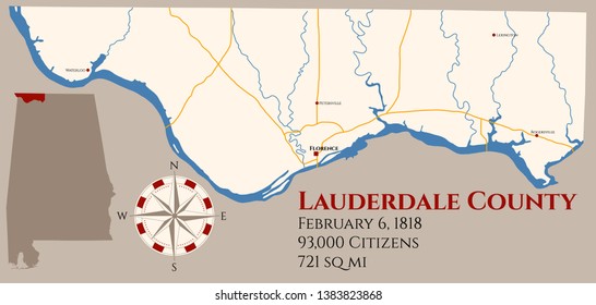 Large and detailed map of Lauderdale county in Alabama, USA.