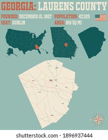 Mapa grande y detallado del condado de Laurens en Georgia, EEUU.