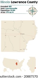 Large and detailed map of Lawrence county in Illinois, USA.