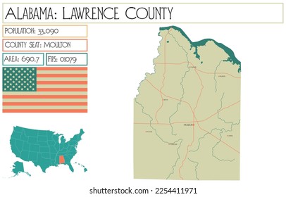 Large and detailed map of Lawrence county in Alabama, USA.