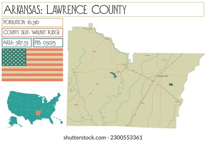 Large and detailed map of Lawrence County in Arkansas, USA.