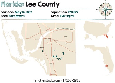 Large and detailed map of Lee county in Florida, USA.