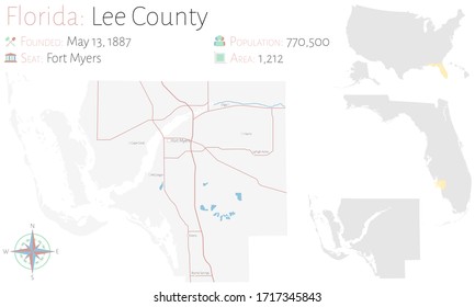 Large and detailed map of Lee county in Florida, USA.