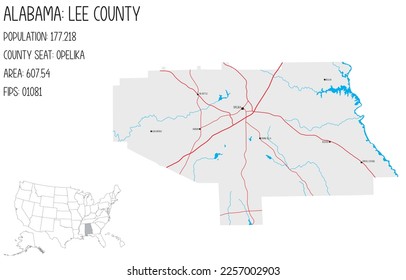 Large and detailed map of Lee county in Alabama, USA.