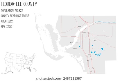 Large and detailed map of Lee County in Florida, USA.