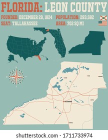 Large And Detailed Map Of Leon County In Florida, USA.