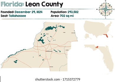 Large And Detailed Map Of Leon County In Florida, USA.