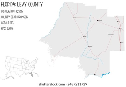 Large and detailed map of Levy County in Florida, USA.