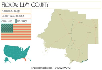 Large and detailed map of Levy County in Florida USA.