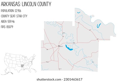 Large and detailed map of Lincoln County in Arkansas, USA.