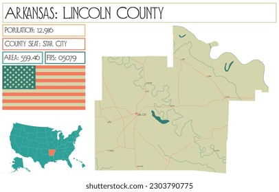 Large and detailed map of Lincoln County in Arkansas, USA.