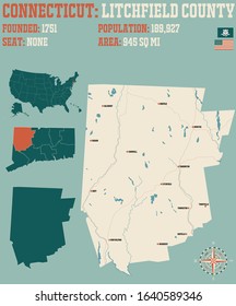 Large And Detailed Map Of Litchfield County In Connecticut, USA.