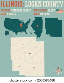 Große und detaillierte Karte des Bezirks Logan in Illinois, USA.