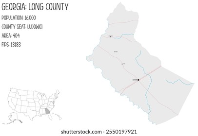 Large and detailed map of Long County in Georgia, USA.
