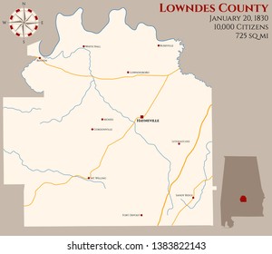 Large and detailed map of Lowndes county in Alabama, USA.