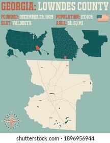 Large and detailed map of Lowndes county in Georgia, USA.