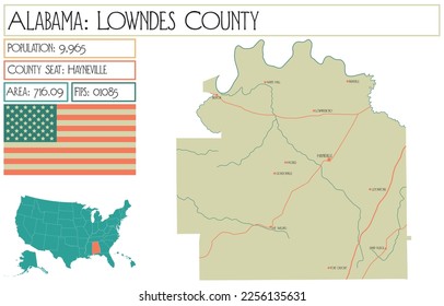 Large and detailed map of Lowndes county in Alabama, USA.