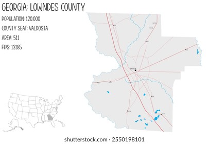 Grande y detallado mapa de Lowndes County en Georgia, Estados Unidos.